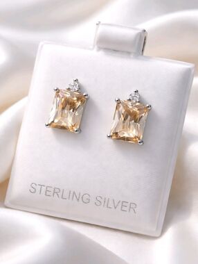 925 Sterling Sliver Champagne CZ Stone Rectangular Earrings